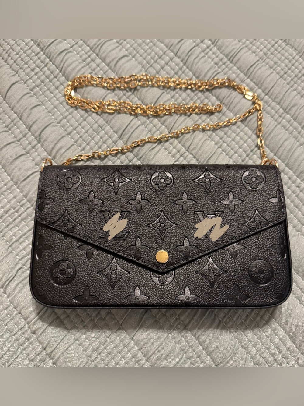 Black Embossed Envelope Crossbody Bag with Gold Chain